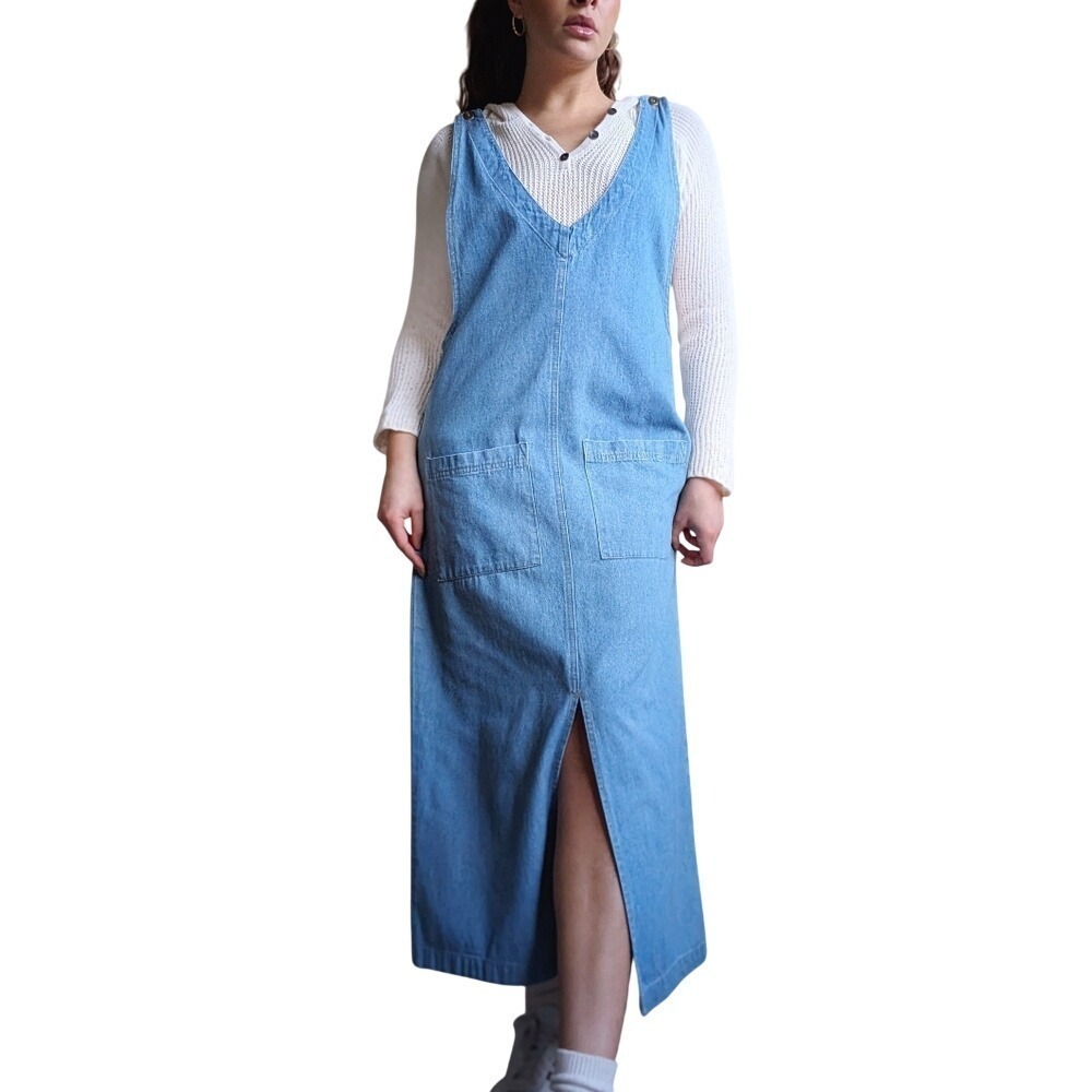 Stampede Vintage 90s Earthy Cottagecore Blue Denim Overalls Maxi Dress